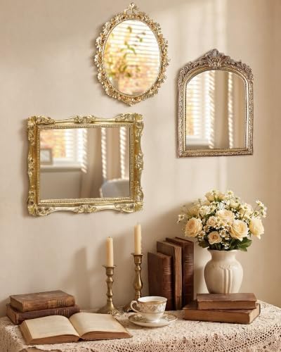 Wonderjune 3 Pcs Vintage Gold Wall Mirror Set, Retro Mixed Style by Wonderjune
