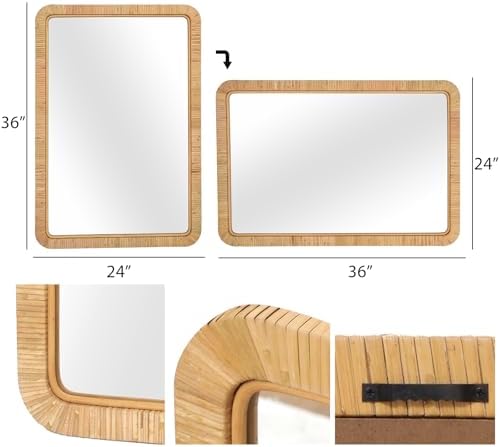 FUIN 24"x36" Rattan Wall Mirror, Natural Wicker Rectangle Bathroom Vanity Mirror - Image 4