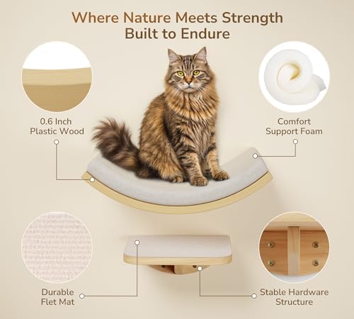 Cat Wall Shelves with Sisal Pads, 4-Piece Wooden Cats Furniture Set with Cat - Image 3