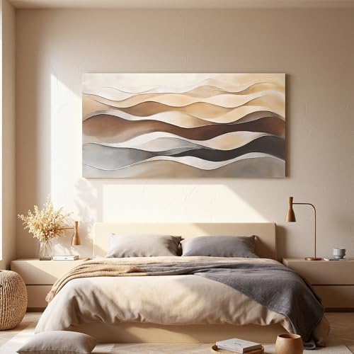 Abstract Art Decor Wavy Stripes Print Brown White Wall Art Painting 24"×48" - Image 5