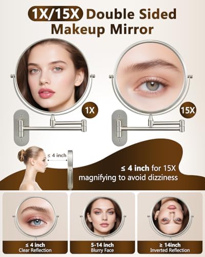 DECLUTTR 9 Inch Wall Mounted Makeup Mirror, 15X Magnification Double Sided - Image 2