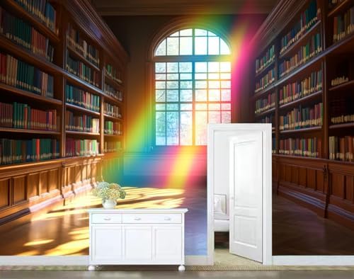 Warm Toned Wall Mural Wallpaper Library Books Rainbow Light Classic Style - Image 4