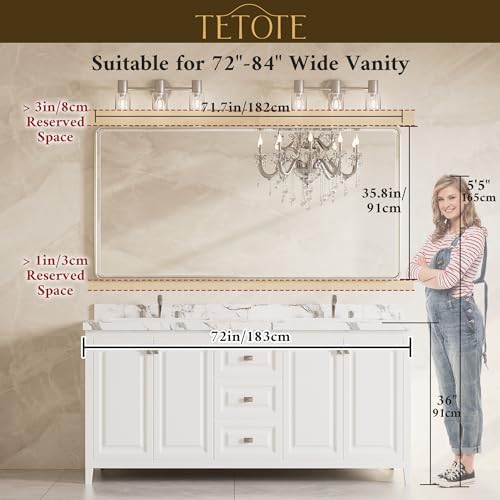 TETOTE Brushed Nickel Framed Bathroom Mirror 72 x 36 Large Beveled Edge - Image 2