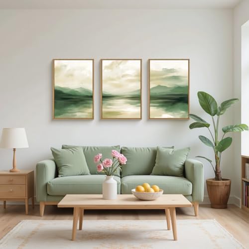 FWIEXA Sage Green Abstract Canvas Wall Art Set of 3, Framed Beige White - Image 5