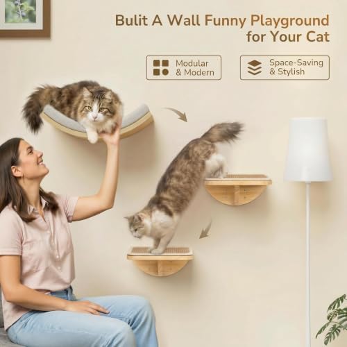 Cat Wall Shelves with Sisal Pads, 4-Piece Wooden Cats Furniture Set with Cat - Image 2