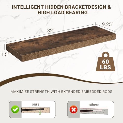 Acovy 32 Inch Floating Shelves, 3D Textured Wood Grain, Wooden Shelves - Image 3