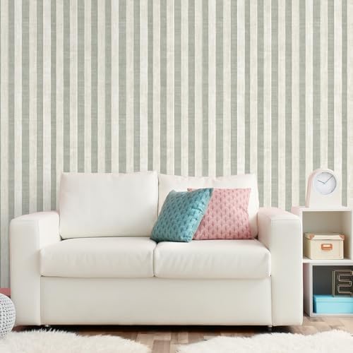 Sage Green and Cream White Textured Striped Peel and Stick Wallpaper, Self - Image 4