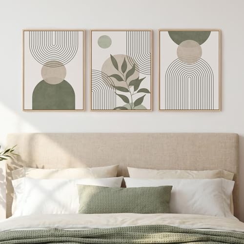 Framed Sage Green Beige Boho Abstract Geometric Wall Art Bedroom, 12x16 In by Cuspin