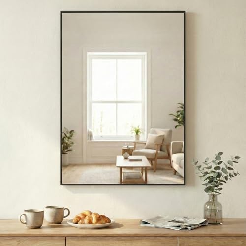 30"x36" Matte Black Framed Rectangle Bathroom Vanity Wall Mirror - Image 3