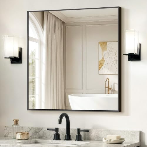 Delma Bathroom Vanity Mirror, 30x30 Black Metal Framed Mirror by Delma