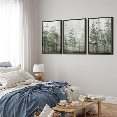 MUDECOR Framed Wall Art Print Set Minimalist Forest Mist - Image 3