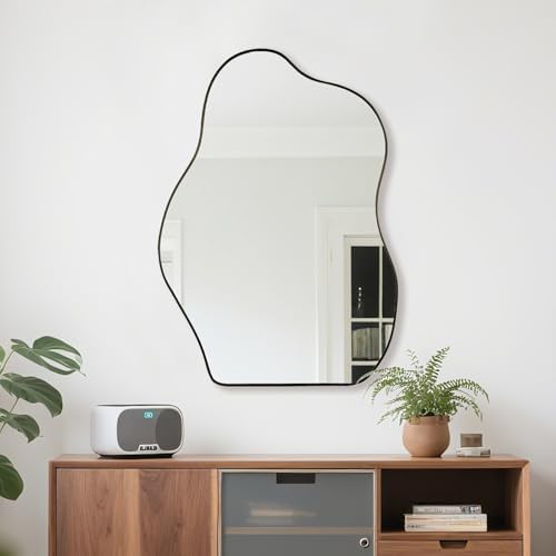 Irregular Asymmetrical Wall Mirror, 36x24 Inch Black Bathroom Mirror by BOMINICA