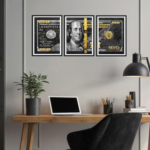 Money Wall Art Canvas Black Framed 100 Dollar Bill Painting 3 Panels - Image 2