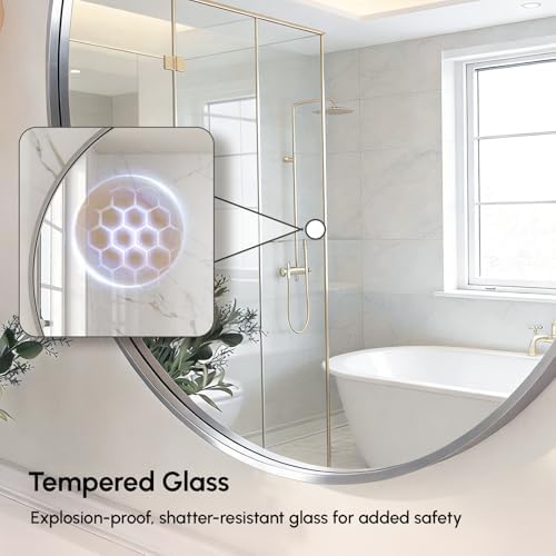 USHOWER 24 Inch Brushed Nickel Round Bathroom Mirror - Image 2