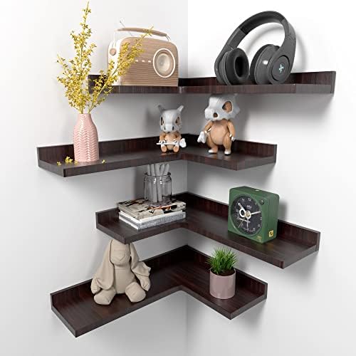 Corner Floating Shelves Set of 4, Rustic Pine Wood Corner Shelves by Ecowillon