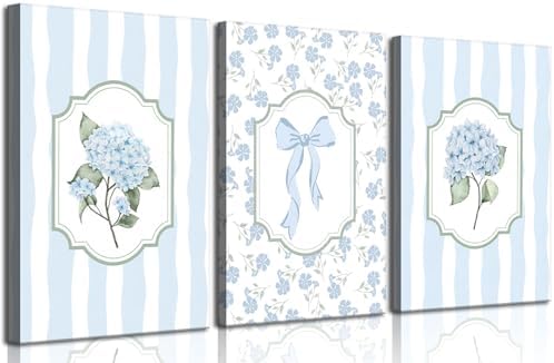 3Pcs Blue Hydrangea Canvas Wall Art Trendy Light Blue Striped Watercolor Bow by Zuowclli