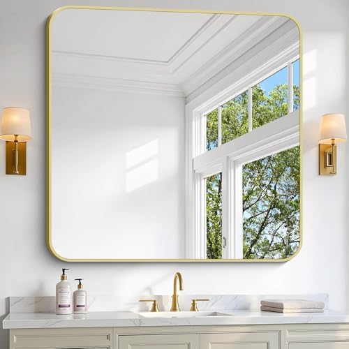 Gold Bathroom Mirror, 42x42 Inch Metal Framed Square Mirror, Rounded Corner - Image 2