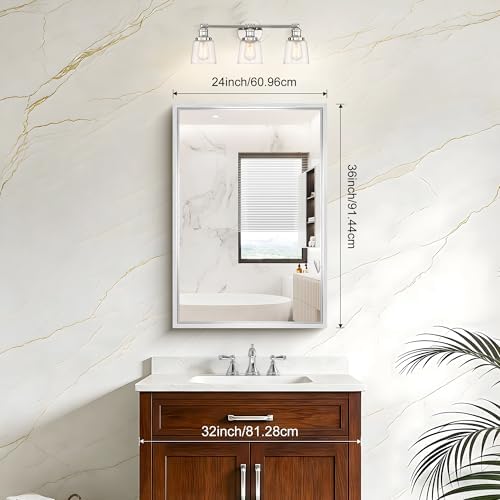24 x 36 inch Brushed Silver Bathroom Mirror, Metal Framed Rectangle Mirror - Image 2