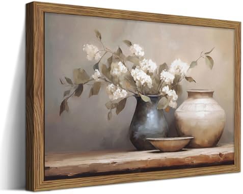 Framed Vintage Floral Canvas Wall Art, Neutral Rustic Still Life Botanical by Unknown