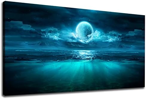 Full Moon Ocean Waves Wall Art Moon Night Canvas Pictures Dark Teal Blue by TigeridgeArt