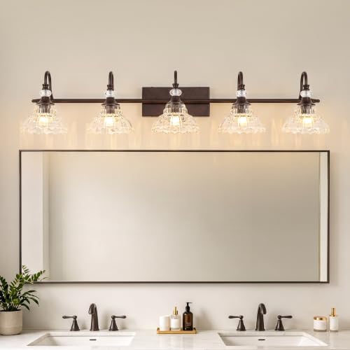 5-Light Oil Rubbed Bronze Vintage Bathroom Vanity Light w/Flower Shade - Image 2