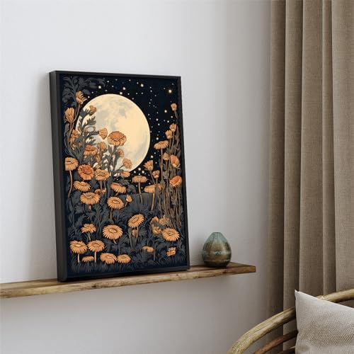Vintage Moon Flowers Canvas Wall Art, Retro Mystical Celestial Moon Poster - Image 2