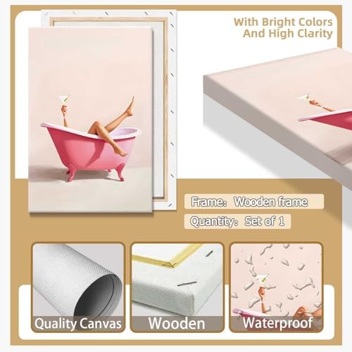 Woman With Cocktail In Bathtub Poster Cute Pink Bathroom Martini Canvas Wall - Image 2