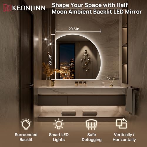 Keonjinn 30" x 30" Half Moon Backlit Mirror, Safe Tempered Glass - Image 2