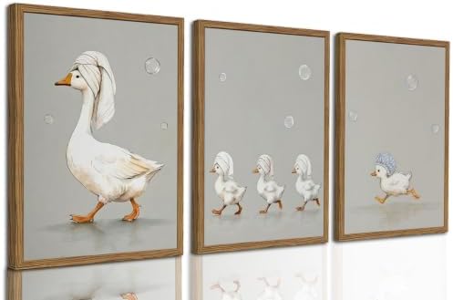 Cute Goose Bathroom Wall Art Set of 3, Funny Duck Bath Wall Decor Painting by Unknown