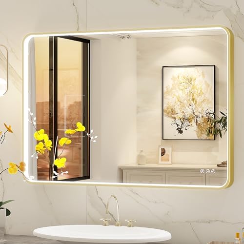 LED Mirror for Bathroom 40X28 Inch Gold Framed by Oerbasz