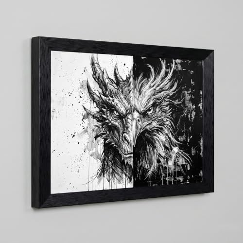 Framed Canvas Wall Art Abstract Ink Dragon and Phoenix Monochrome High-Contrast - Image 5