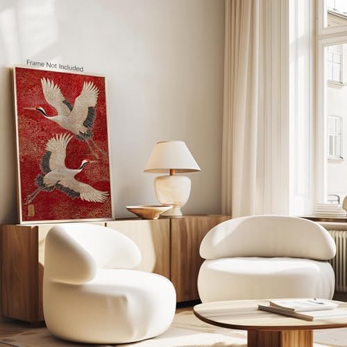 Retro Japanese Canvas Wall Art Funny Oriental Crane Posters Red And Gold Bird - Image 5