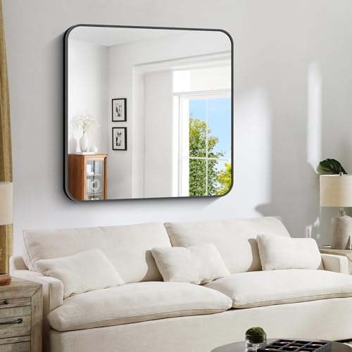 Bathroom Mirror, 42x42 inch Black Square Wall Mirror, Rounded Corner Aluminum - Image 2