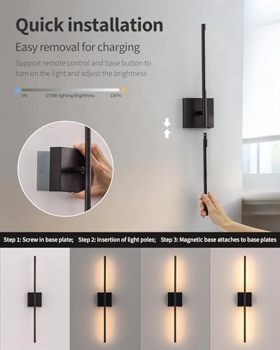 KDG Black 31.5" Cordless Wall Sconces Set of 2, Wireless LED Wall Lamps - Image 4