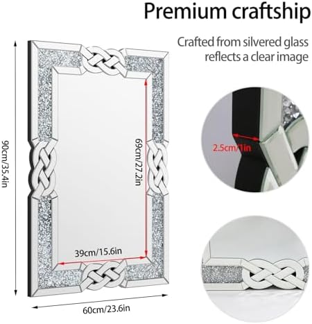 Crushed Diamond Mirror Silver: Rectangular Wall Decor 35.4"x23.6" - Image 5
