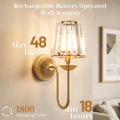 Gold Battery Operated Wall Sconces Set of Two, Crystal Wireless Rechargeable - Image 5