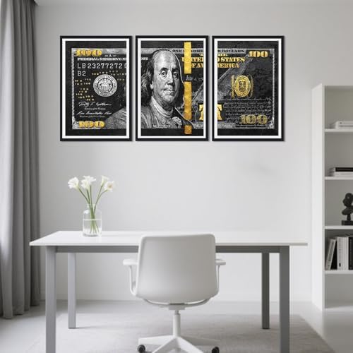 Money Wall Art Canvas Black Framed 100 Dollar Bill Painting 3 Panels - Image 4