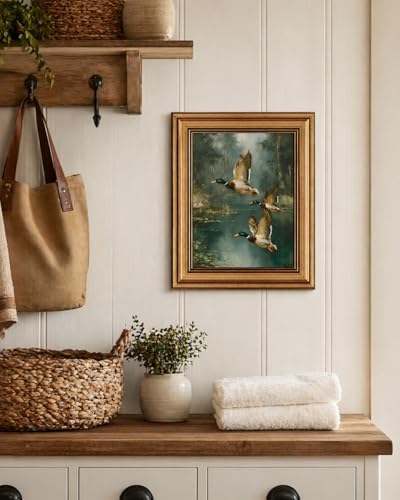 Gold Framed Wall Art, Vintage Mallard Duck Canvas Prints, Flying Ducks Rustic - Image 4
