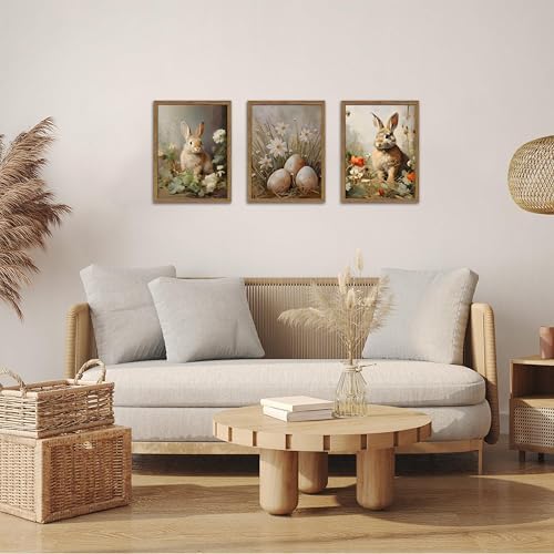 Vintage Easter Bunny Wall Art Set of 3, Spring Easter Rabbit Eggs Canvas Wall - Image 2