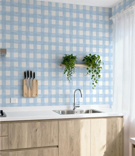Blue Peel and Stick Wallpaper Plaid Modern Wall Paper Checkered Gingham Contact - Image 4