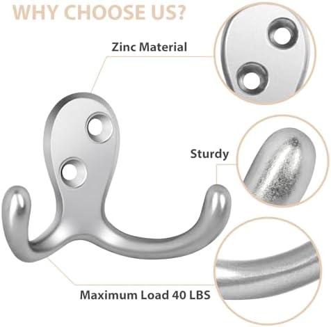 Homanu 10 Pack Silver Coat Hooks Wall Mounted Double Prong - Image 4