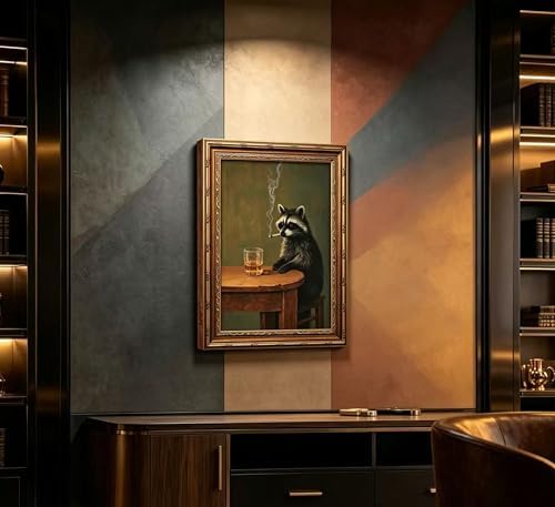 Vintage Gold Framed Smoking Raccoon Wall Art, Moody Dark Funny Animal Whiskey - Image 6