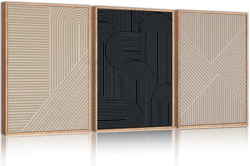 LHIUEM Large Abstract Textured Line Framed Canvas Wall Art, Boho Beige Black by LHIUEM