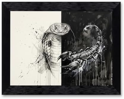 Framed Canvas Wall Art Mixed Media King Cobra Scorpion Monochrome Splatter by Unknown