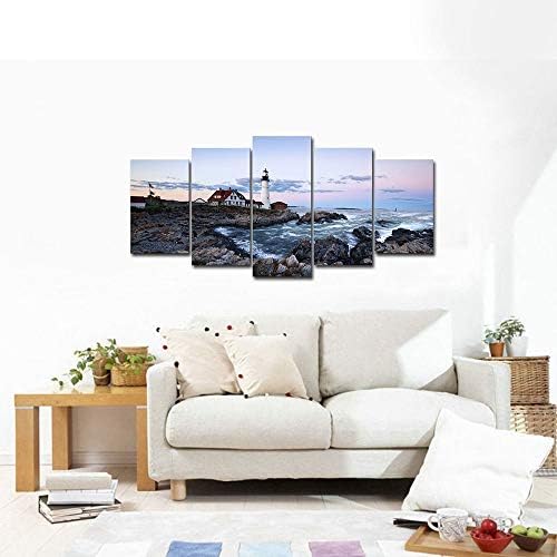 Wieco Art Portland Lighthouse 5 Panels Modern Canvas Prints Artwork Seascape - Image 3