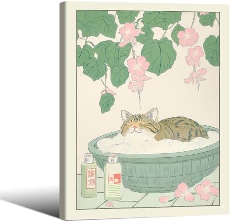Framed Canvas Wall Art Posters Tabby Cat In Bathtub Prints Rustic Neutral by Unknown