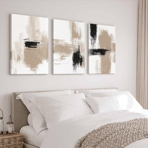 Beige Abstract Wall Art Painting Set of 3 Framed Neutral Canvas Wall Art Prints - Image 5