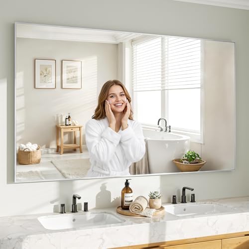 Koonmi Silver Rectangle Wall Mirror, 36x60 Inch Bathroom Mirror, Aluminum Frame by KOONMI