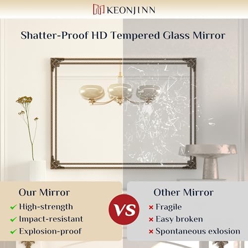Keonjinn 48x36 Inch Gold Antique Vintage Mirror, Brass Baroque Mirror - Image 3