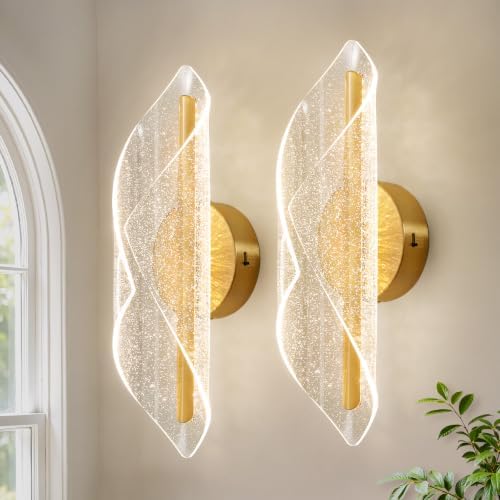 Wall Sconces Set of Two, Hardwired Brushed Gold Bathroom Sconces Wall Lighting by Linour